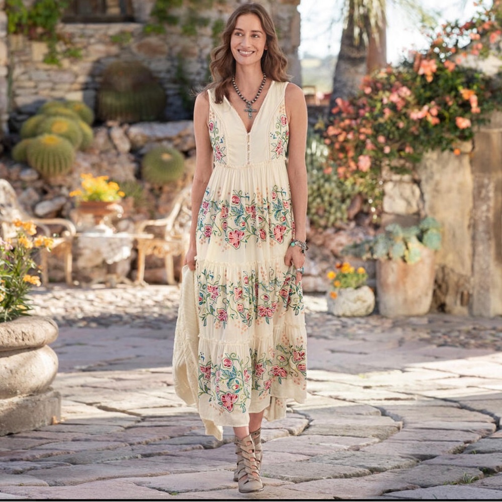 Sundance Cream Maxi Dress with Pink & Green Floral Embroidery
